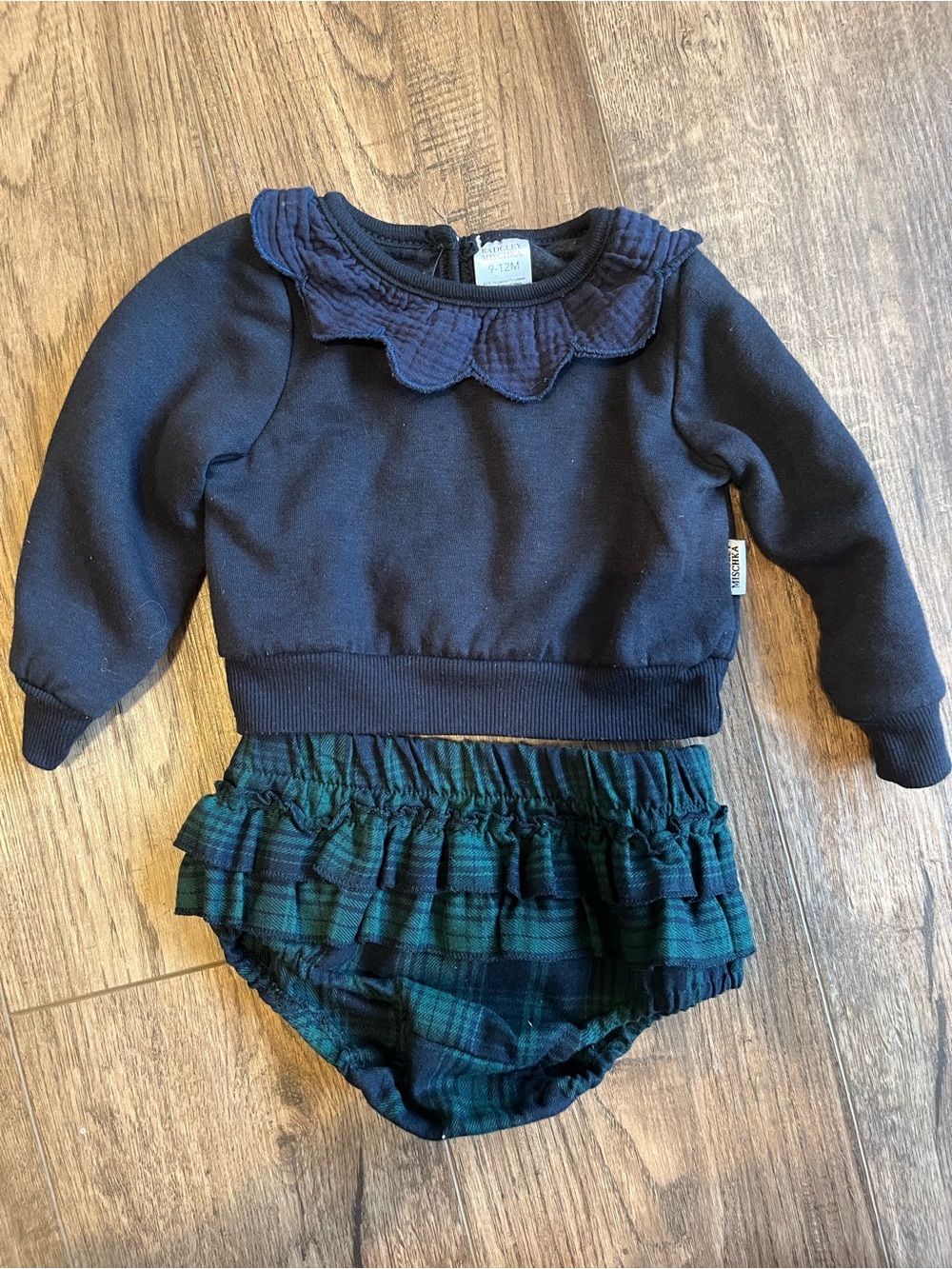 Badgley Mischka Navy Ruffle Collar Top with Green Plaid Ruffle Bloomers